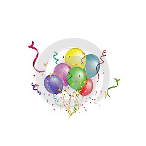 White paper banner, colored balloons and colored confetti. vector file.