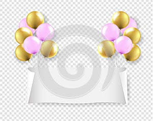 White Paper Banner With Pink And Golden Balloons Transparent Background
