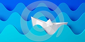 White paper boat in between blue waves background, problem solving or way finding business concept