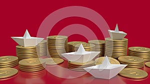 The white paper boat and gold coins on red background for red ocean content 3d rendering