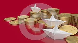 The white paper boat and gold coins on red background for red ocean content 3d rendering
