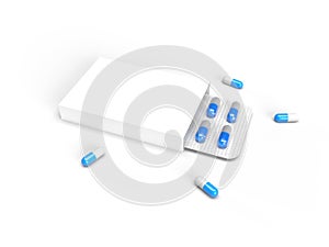 White paper box with blue tablets in a blister pack.