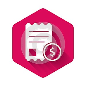 White Paper check and financial check icon isolated with long shadow. Paper print check, shop receipt or bill. Pink