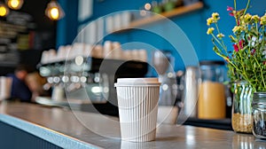 White paper coffee cup on counter of cafe, the walls are blue. photo