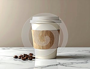 White Paper Coffee Cup on a Marble Surface with Roasted Coffee Beans