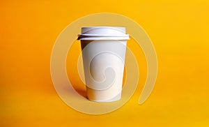 White paper coffee cup on a plain yellow background isolated