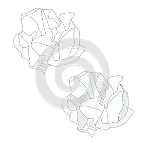White Paper Crumbled Ball and Outline. vector Illustration. isolated on white background.
