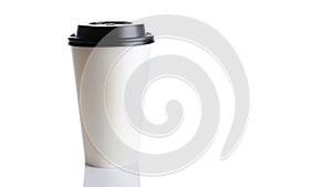 White paper cup for hot coffee with black lid isolated on white background. Takeaway blank small tea cup for your design text or