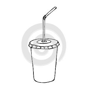 White Paper Cup with Lid and Straw, Glass for Beverage Takeaway. Vector Illustration Isolated On a White Background