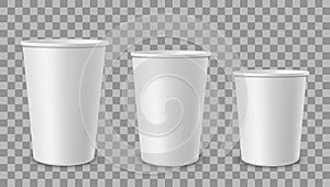 White paper cups. Cup for drinks, lemonade juice coffee tea ice cream container in different size. Empty 3d realistic photo