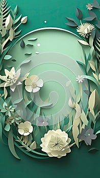 White paper cut flowers on light green background. Vertical frame made of floral pattern with blank round empty copy