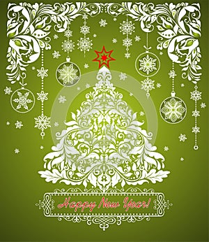 White paper cutting in vintage style with decorative floral border and Christmas tree for winter holidays on green background