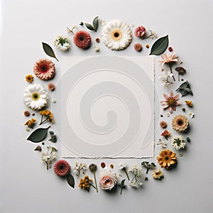 white paper encircled by mixed flowers. colorful background, Floral Background