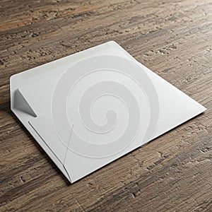 A white paper envelope is placed on a textured wooden surface. The envelope is
