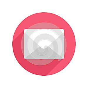 White paper envelope in red circle badge vector flat illustration. Symbol cyberspace new letter