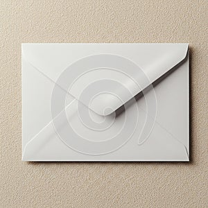 White paper envelope with a triangular flap, positioned on a beige textured surface,