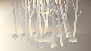 White paper forest and small house decorated with Christmas lights