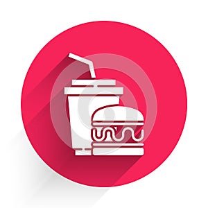 White Paper glass with drinking straw and burger icon isolated with long shadow. Soda aqua drink sign. Hamburger