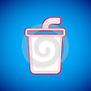 White Paper glass with drinking straw and water icon isolated on blue background. Soda drink glass. Fresh cold beverage