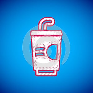 White Paper glass with drinking straw and water icon isolated on blue background. Soda drink glass. Fresh cold beverage