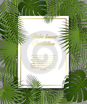 White paper on green summer tropical background with exotic palm leaves and plant. Vector floral design with golden frame