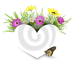 White paper heart with flowers, grass and copy-space