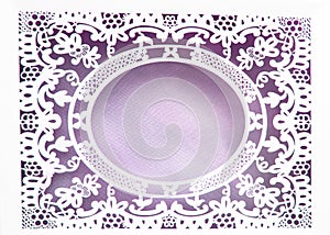 White paper hollow lace oval frame, done in the ornate and luxurious style on a pink background, place for text, room for copy