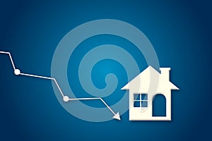 White paper houses with arrow down on blue background. Concept for low cost real estate. Lower mortgage interest rates.