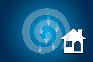 White paper houses with arrow down on blue background. Concept for low cost real estate. Lower mortgage interest rates.