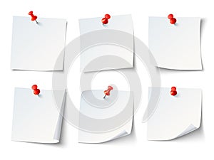 White paper notes on red thumbtack. Top view note sticker with pins vector set