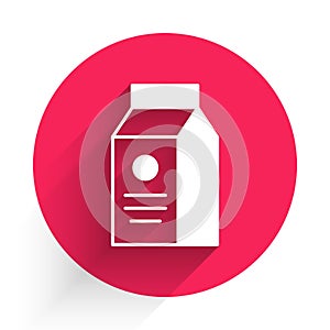 White Paper package for milk icon isolated with long shadow background. Milk packet sign. Red circle button. Vector