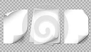 White paper page. Writing pages, A4 sheet curled corner and turn papers sheets 3d template vector illustration set