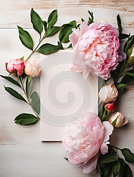 White paper with pink flower and green leaves is placed on top of an old wooden table. The flowers are arranged in