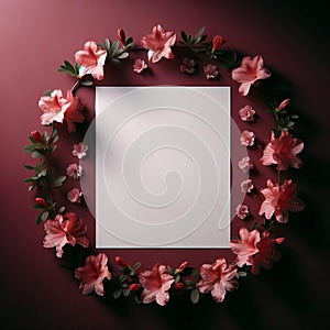 white paper placed centrally among a wreath of azaleas. colorful background, Floral Background