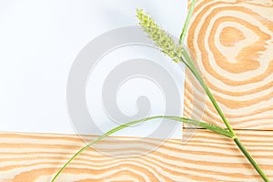 The white paper is placed on a wooden deck with flowers and leaves.