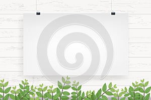 White paper poster hanging on white wooden wall background. Vector.