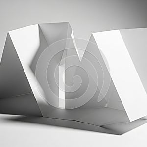 White paper sculpture with sharp, angular folds creating a geometric, abstract form. Th