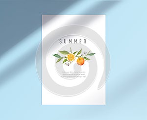 White Paper Sheet Stationary Template with Lemon Fruits, Leaves and Flowers. Summer Botanical Design