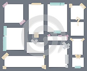 White paper sheets with scotch tape set. Sticky papers adhesive sellotape stripes illustration