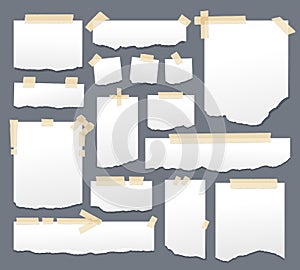 White paper sheets with scotch tape set. Sticky papers with adhesive sellotape stripes vector illustration. Sheet page