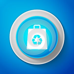 White Paper shopping bag with recycle symbol icon isolated on blue background. Circle blue button with white line