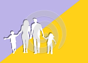 white paper silhouettes of a full-fledged family on a violet-yellow background