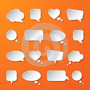 White paper speech bubbles on orange background. Vector illustration