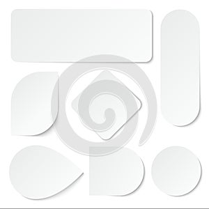 White paper stickers. Blank labels, tags in rectangular and round shape. Isolated vector set