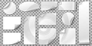 White paper stickers. Label sticker with curled corners, curve papers edge and blank tag 3D vector set photo