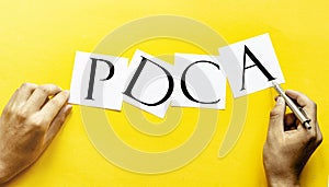 White paper with text PDCA Plan Do Check Act on a yellow background with man`s hands