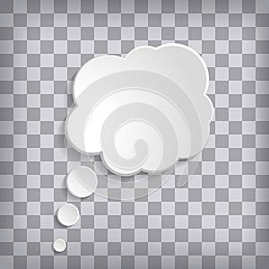 White paper thought bubble on chequered background. Cloud speech frame icon. Think balloon silhouette design. Vector illustration