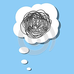 White paper thought bubble with tangled line on blue background. Cloud speech frame icon. Think problem balloon silhouette design
