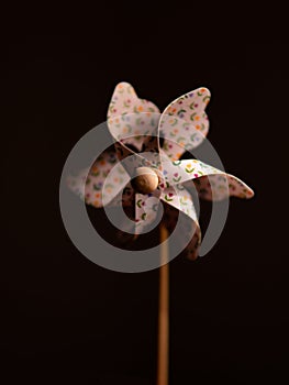 white paper windmill with flowers on a wooden stick