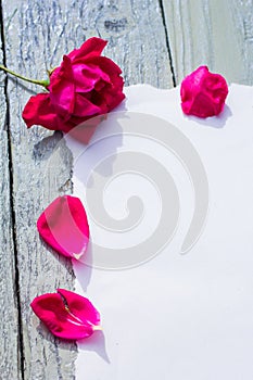 White paper on wooden background and red rose petals